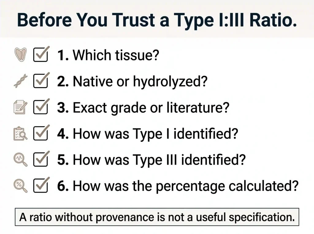 Six-question provenance checklist for evaluating a bovine collagen Type I to Type III ratio