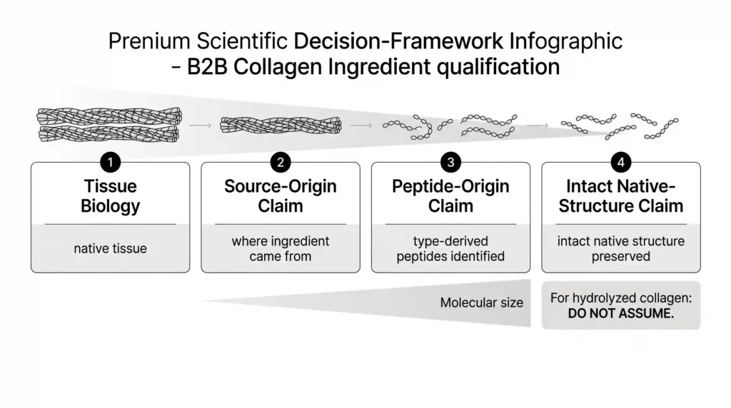 Four meanings of a collagen type claim: tissue biology, source origin, peptide origin and intact native structure
