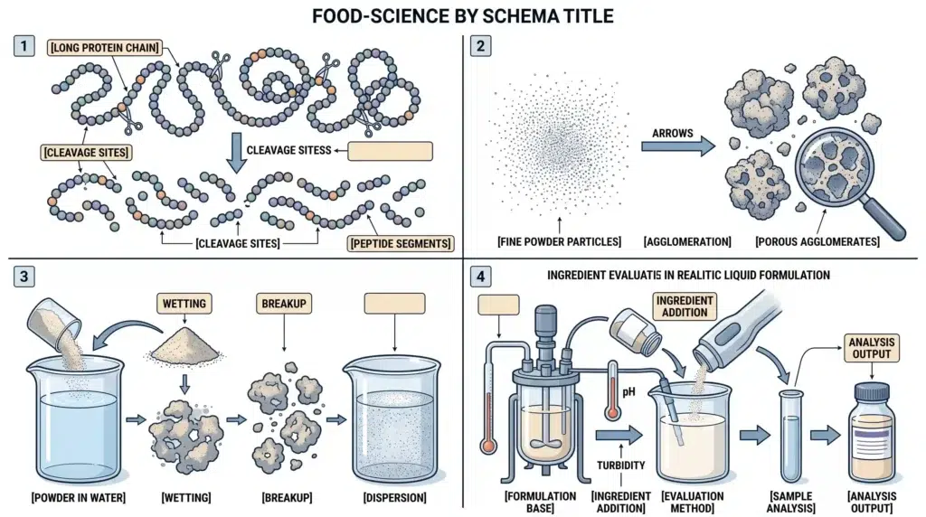 Technical diagram explaining hydrolyzed, agglomerated, instantized and soluble protein properties