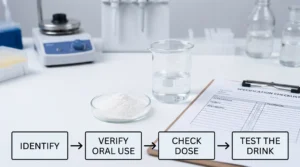 Hydrolyzed keratin powder drink qualification with powder, mixing glass and specification checklist