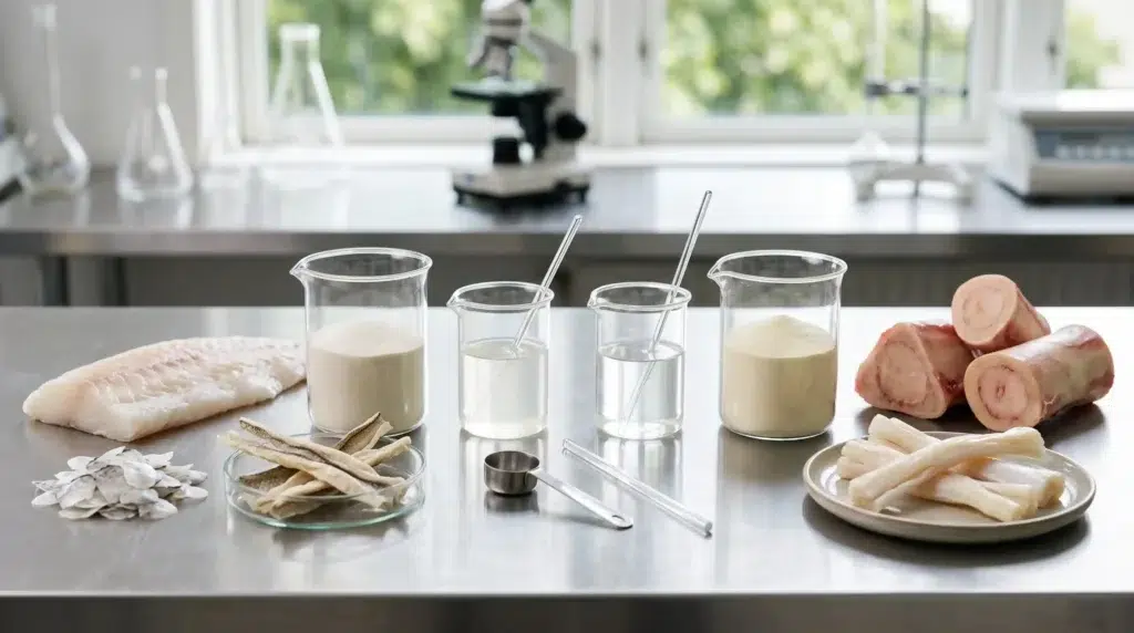 Common collagen peptide sources including marine, bovine, and porcine collagen