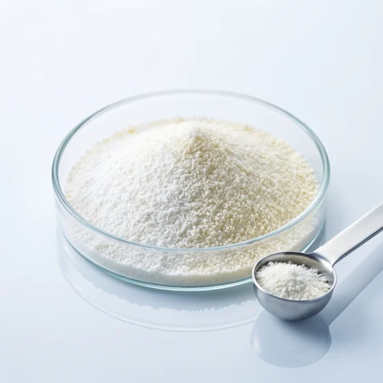 Bovine collagen peptide powder in a glass dish for supplement formulation
