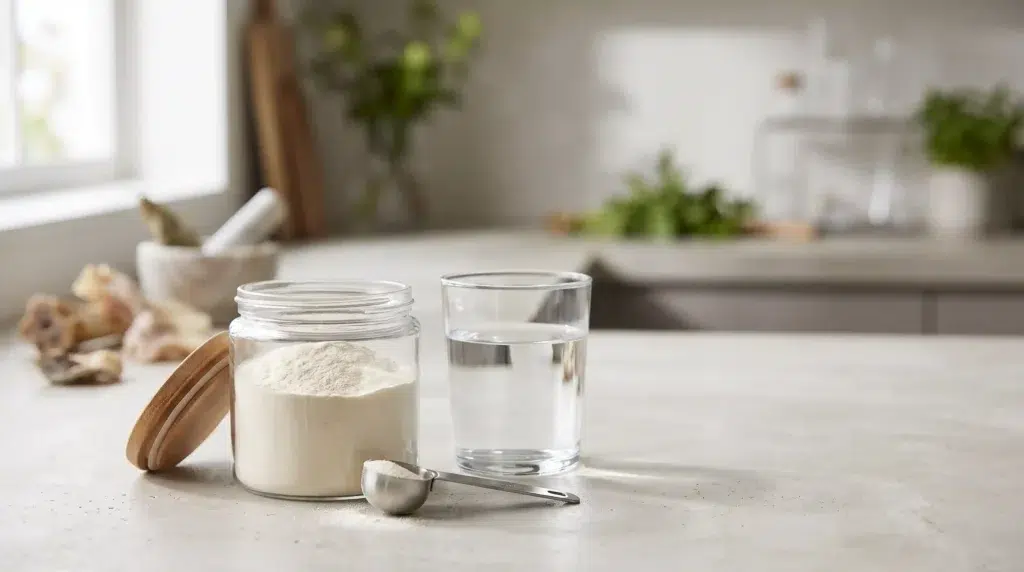 Collagen peptide powder in a glass container with water and a measuring scoop