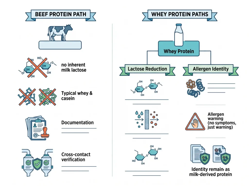 Difference between lactose and milk protein allergen when comparing whey with beef protein