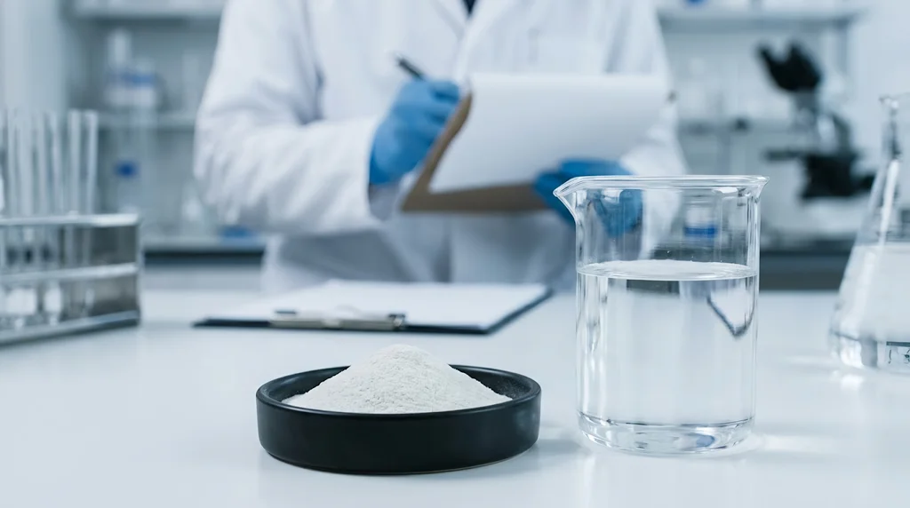 A black dish with white powder and a glass of water, with a gloved researcher taking notes in the background.