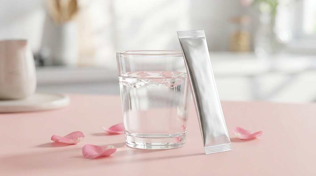 A glass of water, a silver sachet stick, and rose petals on a pink surface.
