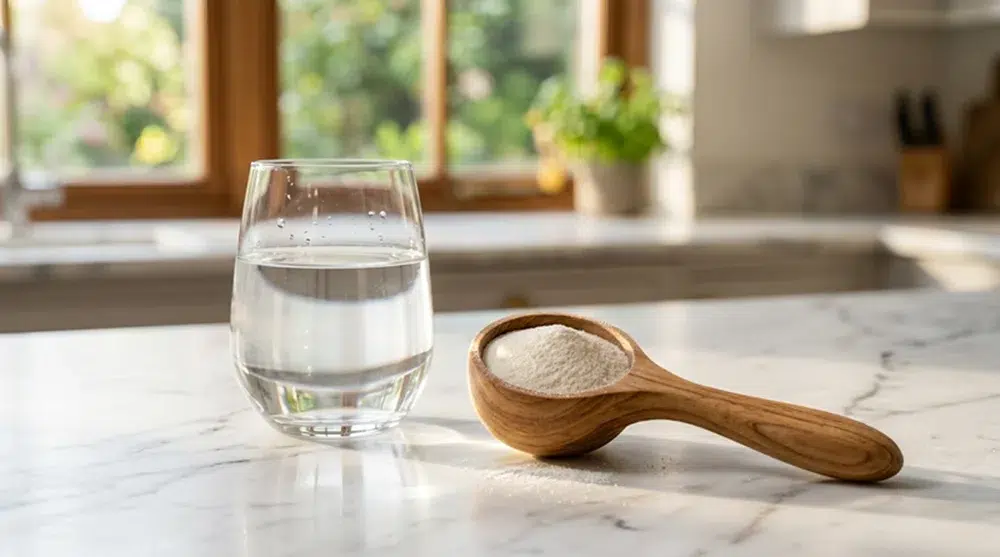 A glass of water and a wooden scoop of white powder.