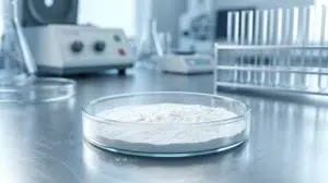 A glass petri dish filled with white powder on a stainless steel lab bench, with blurred laboratory equipment in the background.