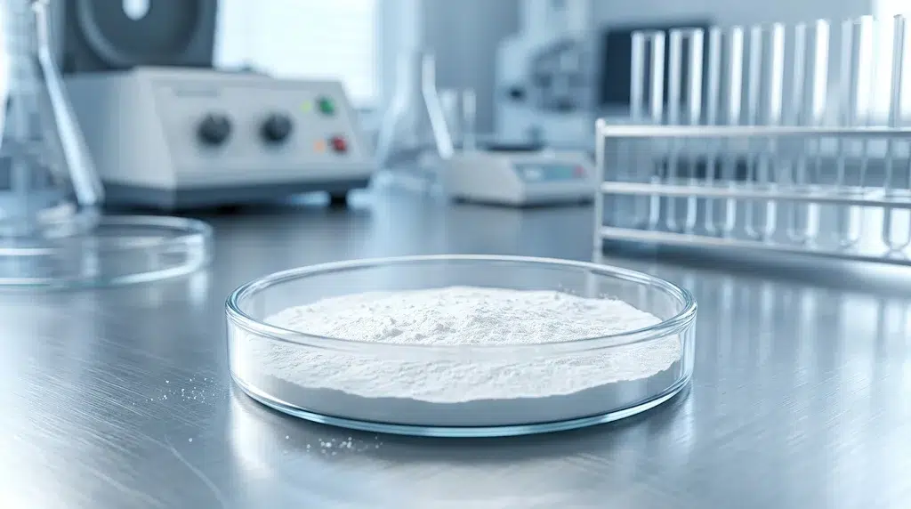 A glass petri dish filled with white powder on a stainless steel lab bench, with blurred laboratory equipment in the background.