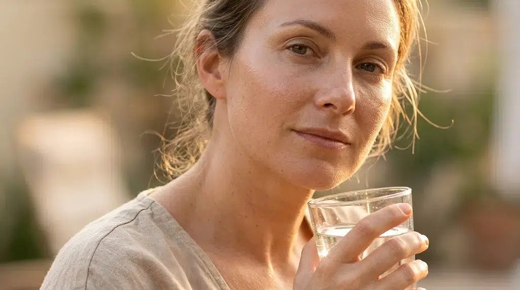 A woman holding a glass of water in warm sunlight.