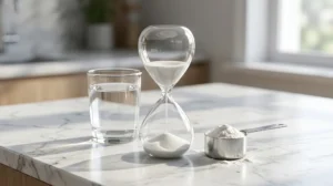 An hourglass, a glass of water, and a scoop of white powder on a marble countertop.