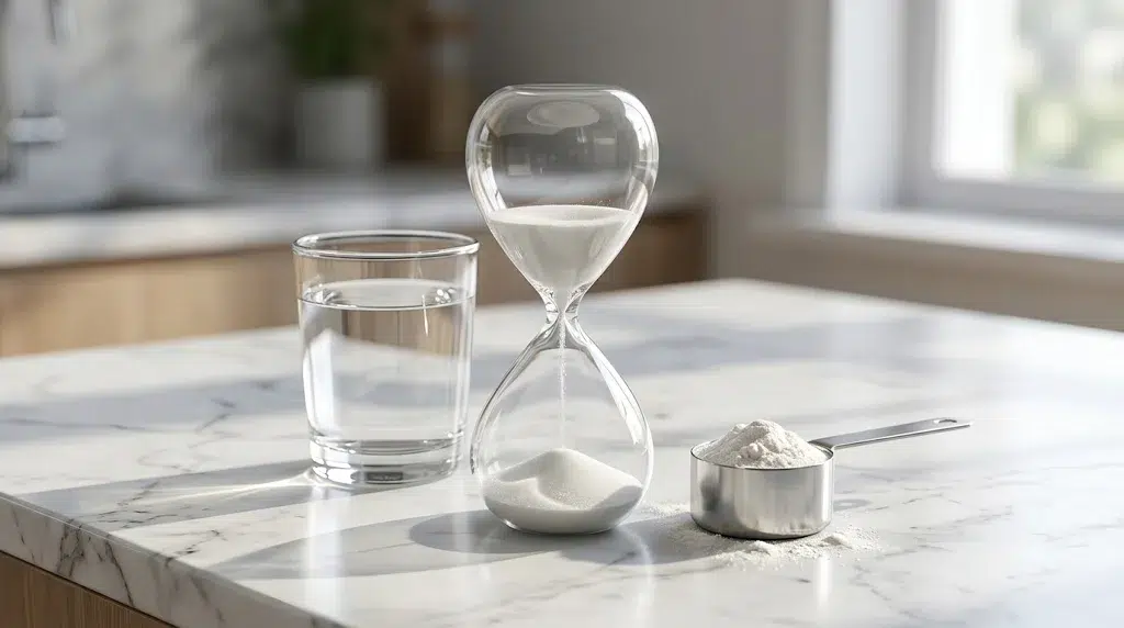 An hourglass, a glass of water, and a scoop of white powder on a marble countertop.