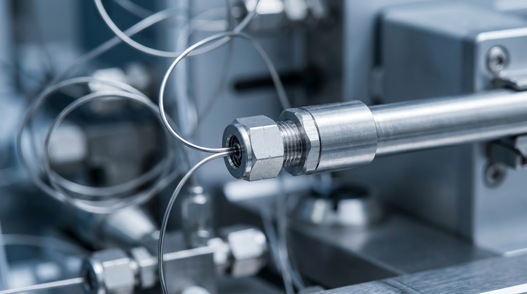 Close-up of a stainless steel HPLC column and capillary tubing.