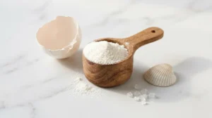 Collagen powder in a wooden scoop on marble with natural elements.