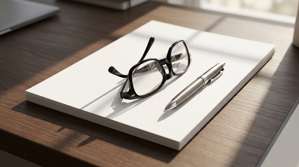 Eyeglasses and a pen on a stack of blank paper on a desk.