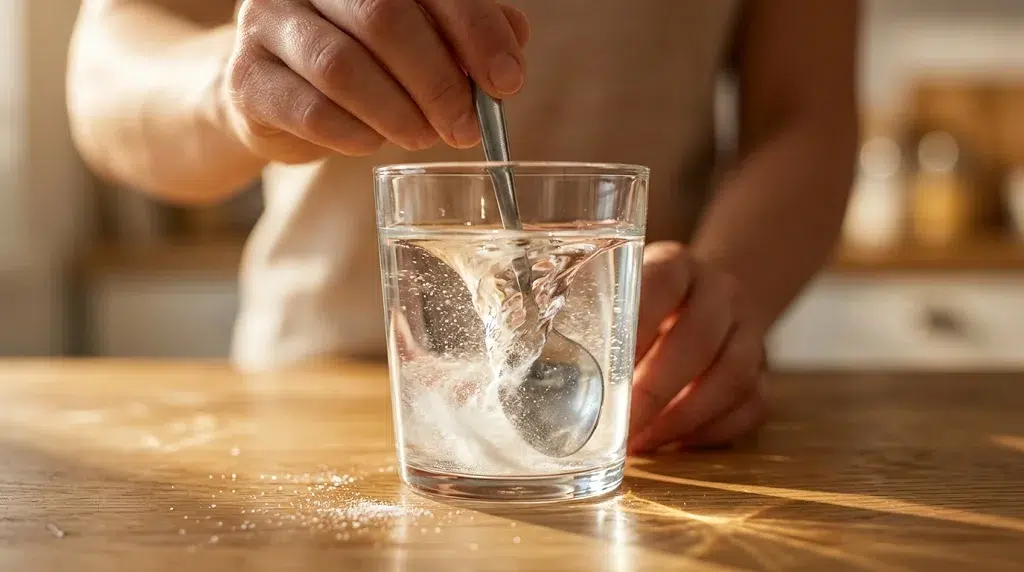 Hands stirring white powder into a glass of water.