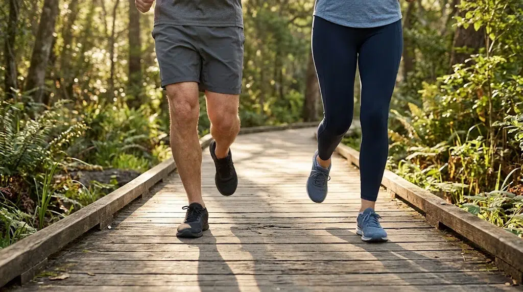 Legs of a man and woman jogging on a sunlit wooden trail.