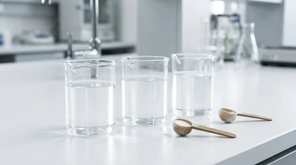 Three beakers of clear liquid and two small scoops with powder on a white lab bench.