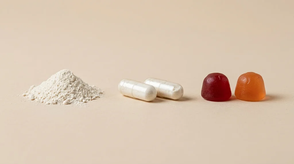 White powder, capsules, and two gummies on a light background.