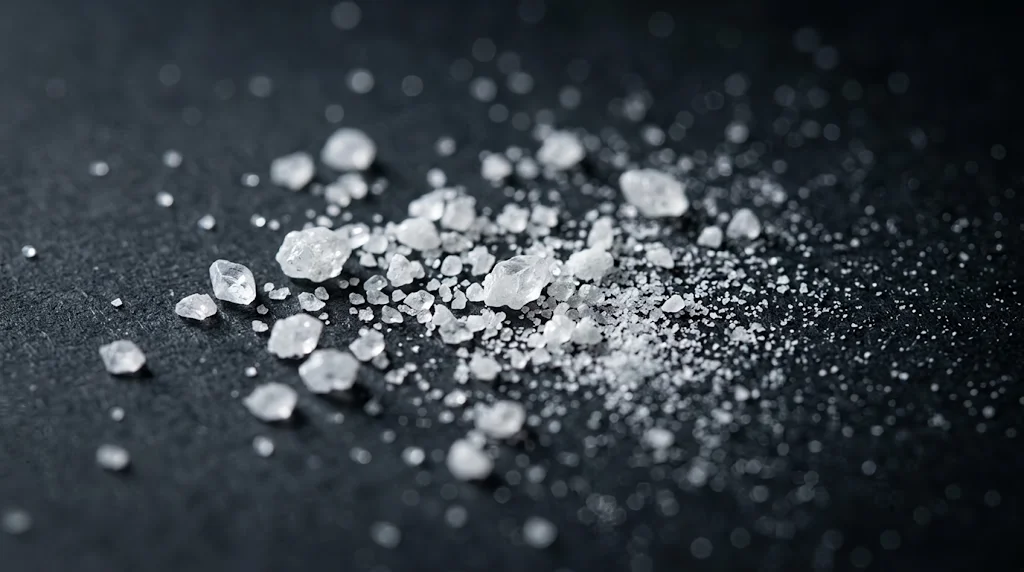 White translucent crystals and fine powder scattered on a dark surface.