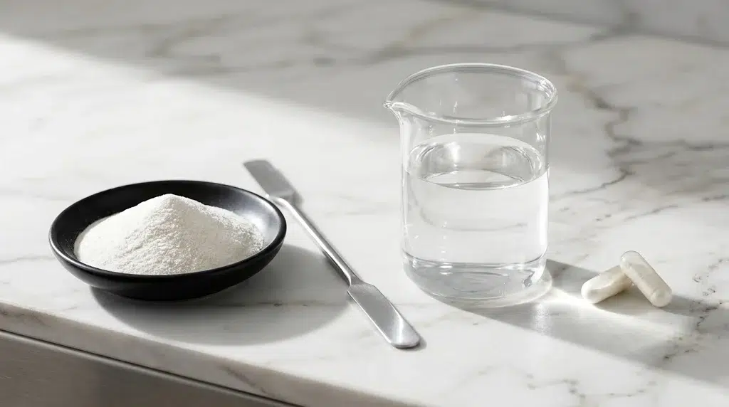 A black dish of white powder, a metal spatula, a glass of water, and two capsules on a marble counter.