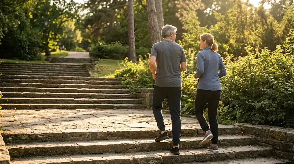 A middle-aged man and woman walking up outdoor stone steps in a sunlit park.