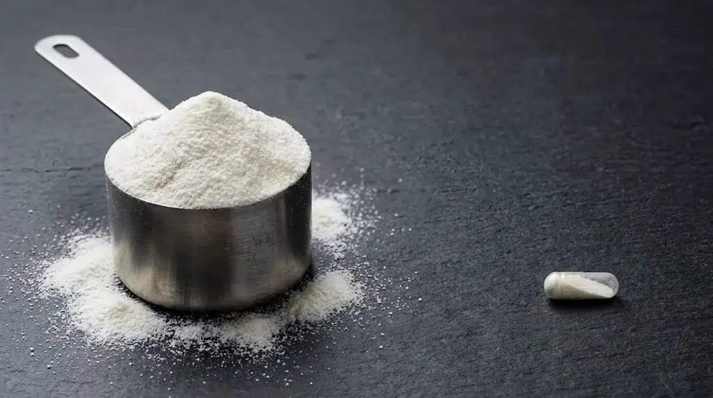A large stainless steel scoop overflowing with white powder and a tiny capsule on a dark slate.