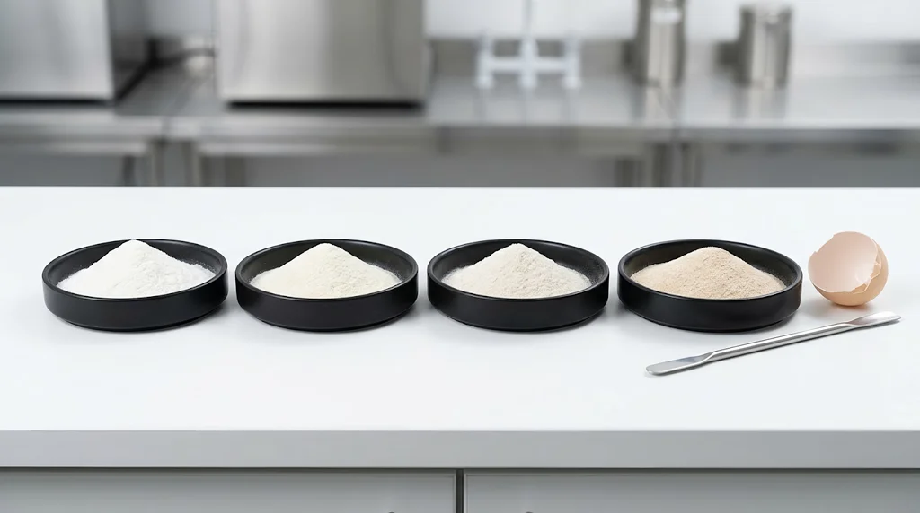 Four black dishes of white/beige powders, a metal spatula, and a half eggshell in a row on a lab counter.