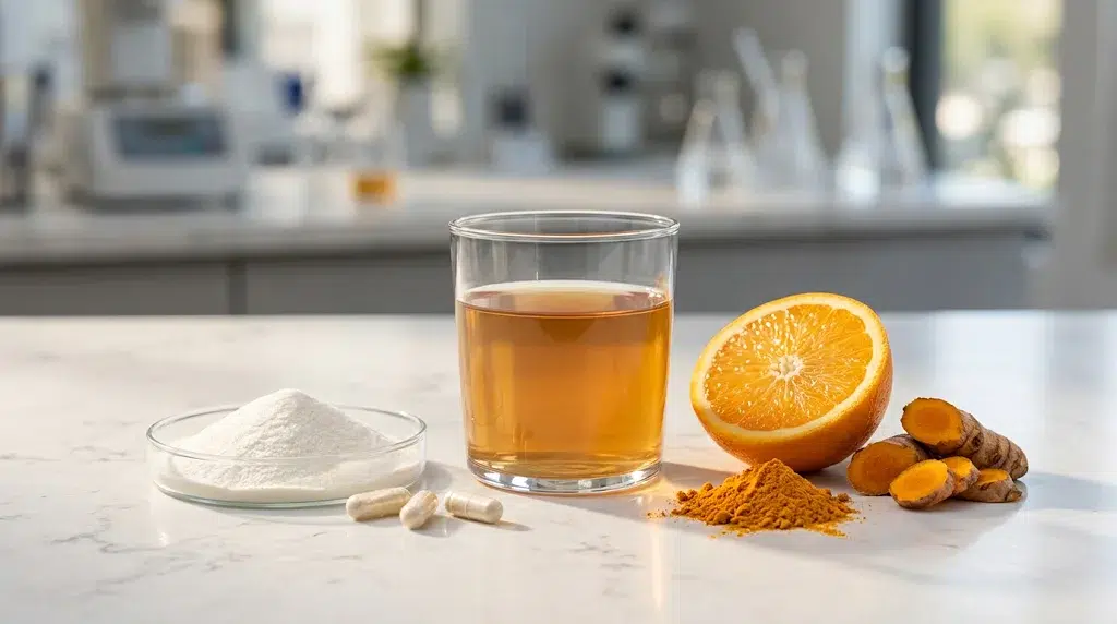 A petri dish of white powder, capsules, an amber drink, half an orange, and turmeric on a counter, with a blurred lab background.