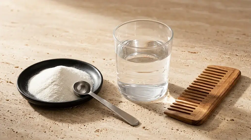 A black dish of white powder, a metal scoop, a glass of water, and a wooden comb on a beige travertine counter.