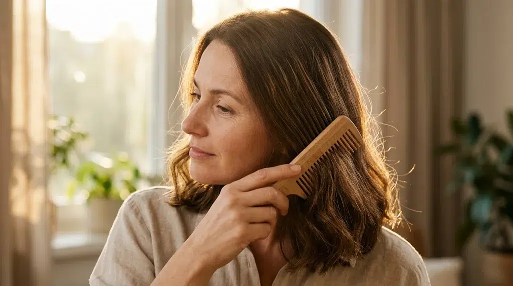 A middle-aged woman combing her hair with a wooden comb near a sunlit window.