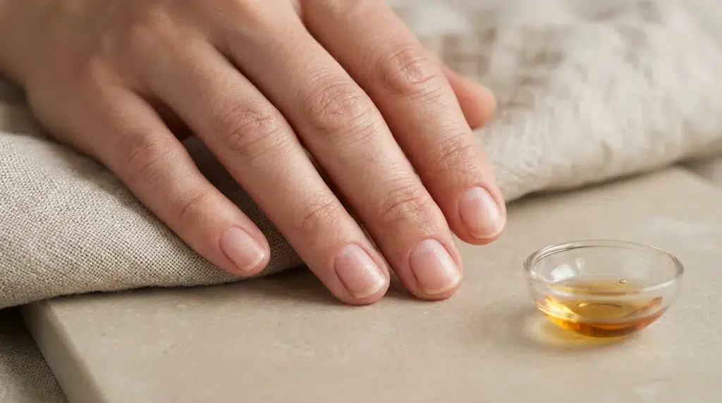 Close-up of clean, bare nails on linen and stone, with a small dish of golden oil.