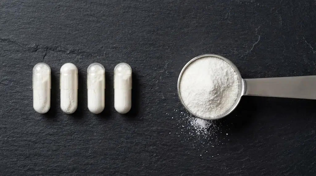 Top-down shot of four capsules and a scoop of white powder on a dark slate.