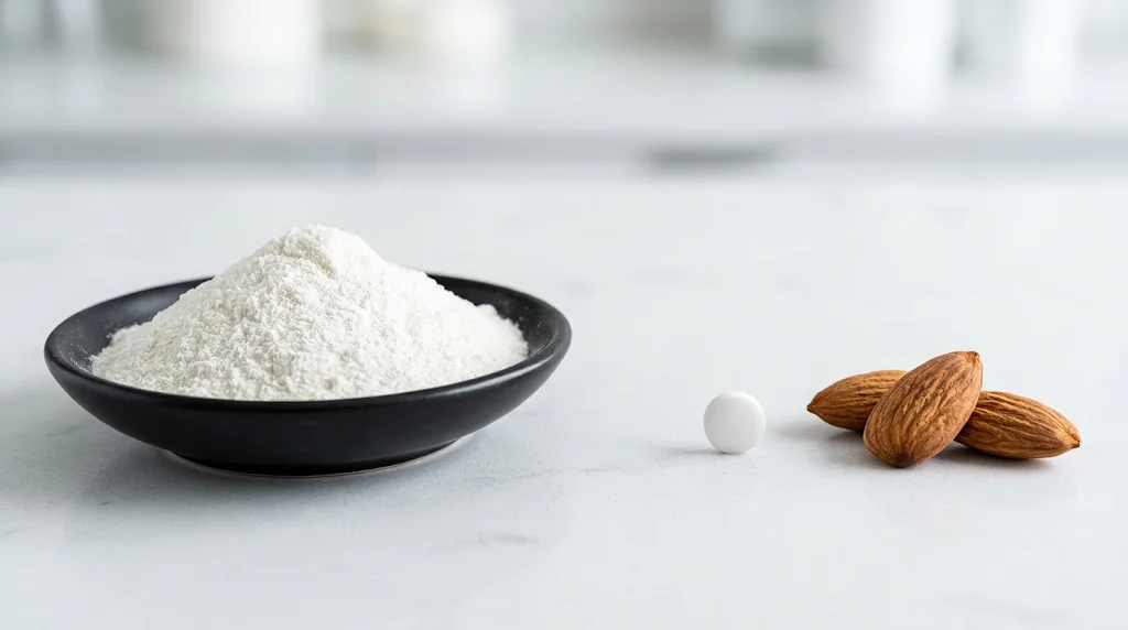 A black dish of white powder, a small white tablet, and three almonds on a white lab counter.