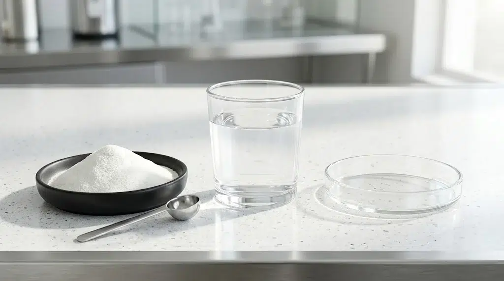 A black dish of white powder, a metal scoop, a glass of water, and an empty petri dish on a white quartz counter, with a blurred lab background.