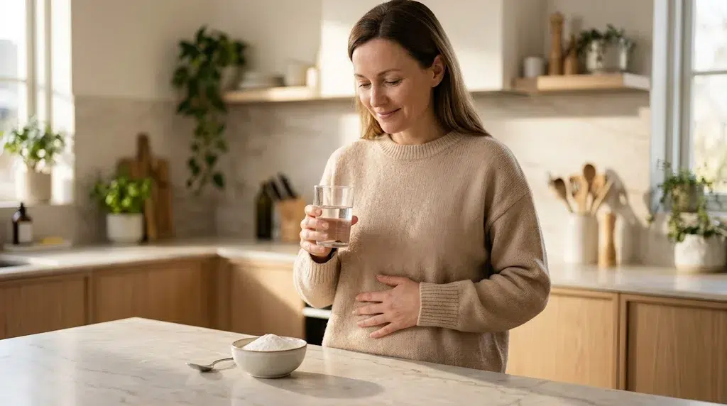 A woman in a sunlit kitchen holding a glass of water with her hand on her stomach, next to a bowl of white powder and a spoon on the counter.