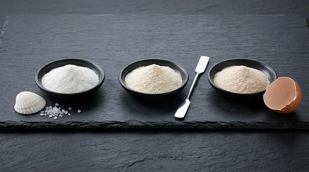 Three black dishes of white and beige powders on a dark slate, with a seashell, a metal spatula, and a half eggshell.