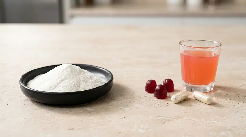 A black dish of white powder, three red gummies, two capsules, and a glass of red-orange drink on a light-beige stone counter.