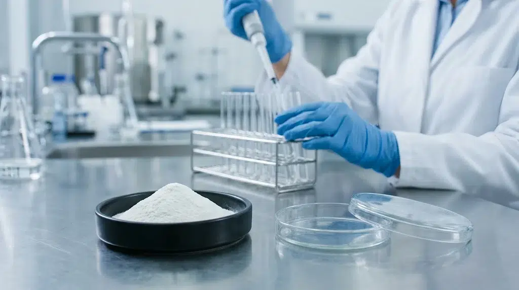 A black dish of white powder and a petri dish on a stainless steel counter, with a researcher in blue gloves pipetting into test tubes in the background.