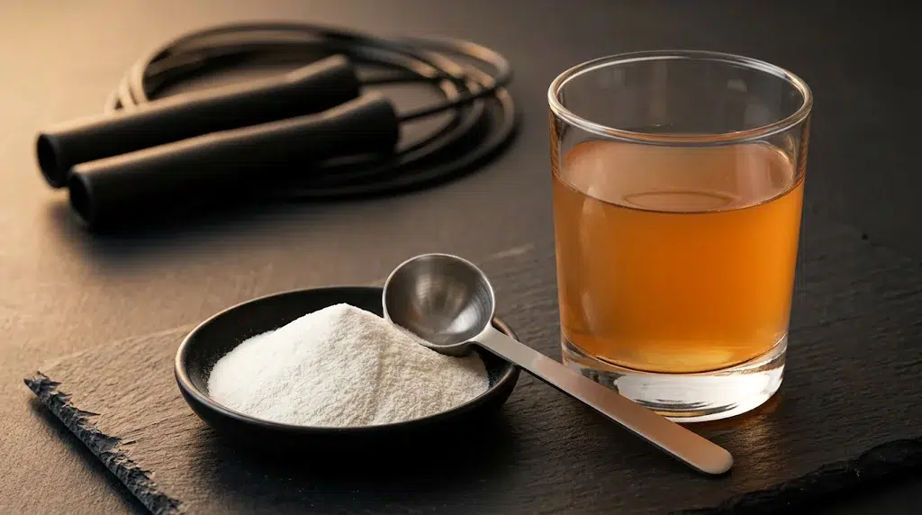 A black dish of white powder, a stainless steel spoon, and an orange drink on a dark slate, with a blurred jump rope in the background.
