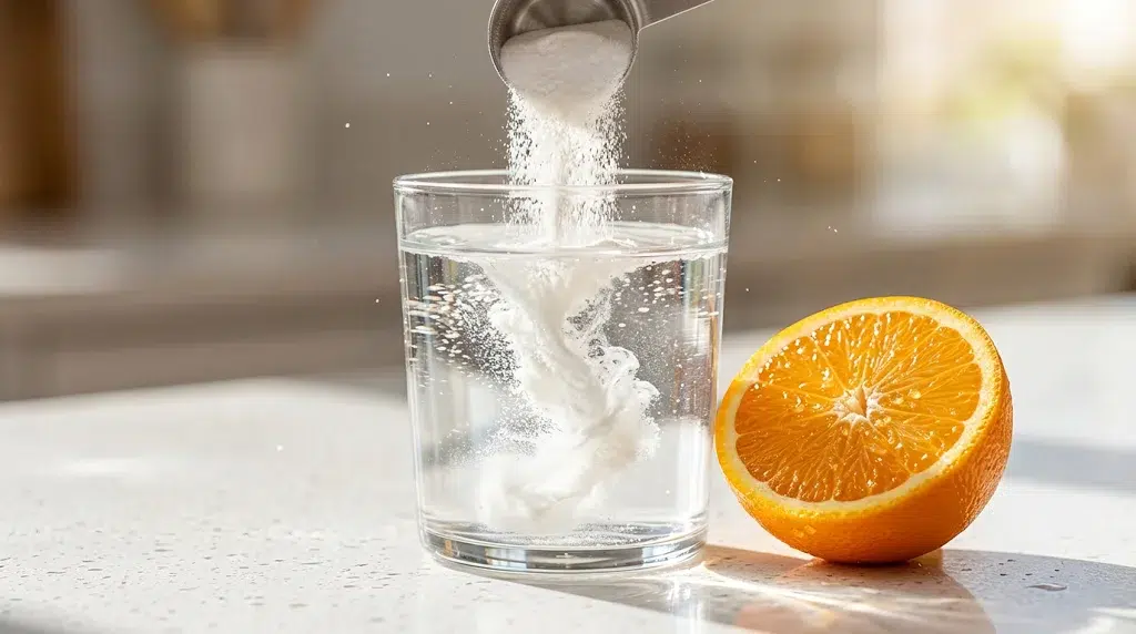 White powder swirling into a glass of water on a white stone counter, with half a freshly cut orange.