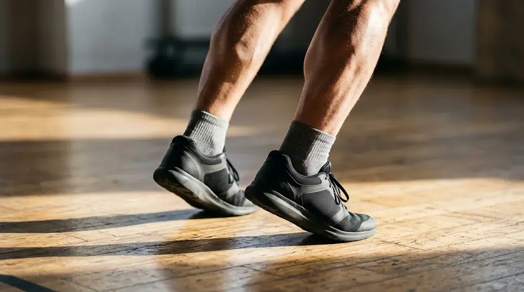 Close-up of tensed ankles and calves during motion on a sunlit wooden floor.