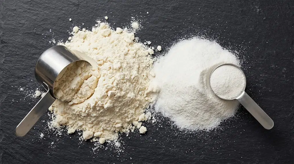 Whey protein and collagen powders, captured from above on a dark slate surface.