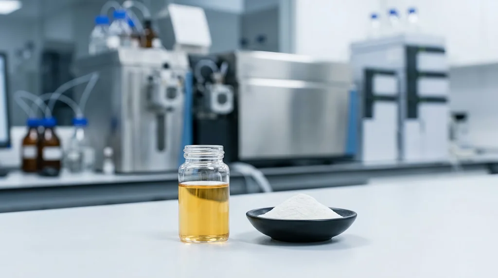 A small vial of golden liquid and a dish of white powder on a lab counter, with blurred analytical equipment in the background.